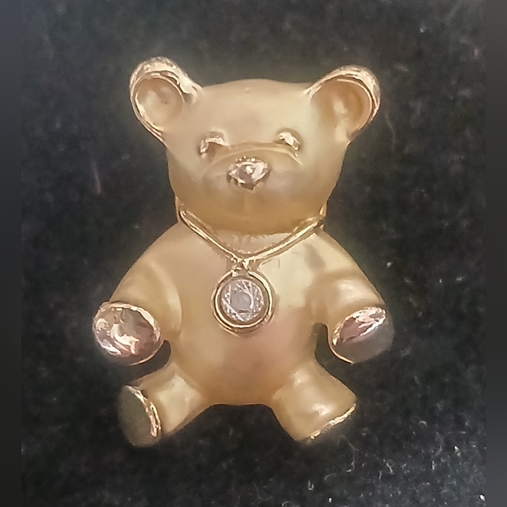 Gold Teddy Bear Brooch with Crystal Pendant - Women Jewelry Brooches